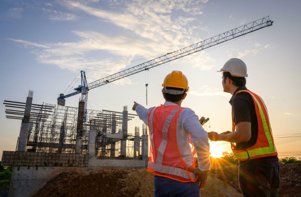 Two construction workers in safety vests observe crane work at a senior living build site during sunset