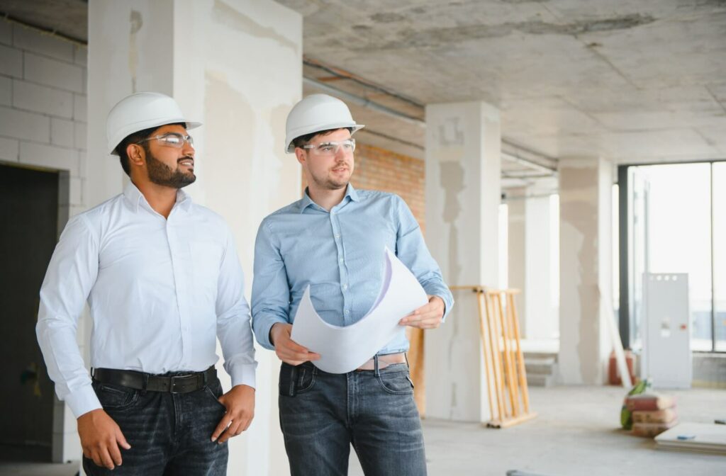 Two construction professionals wearing hard hats and holding plans in a partially finished interior building site