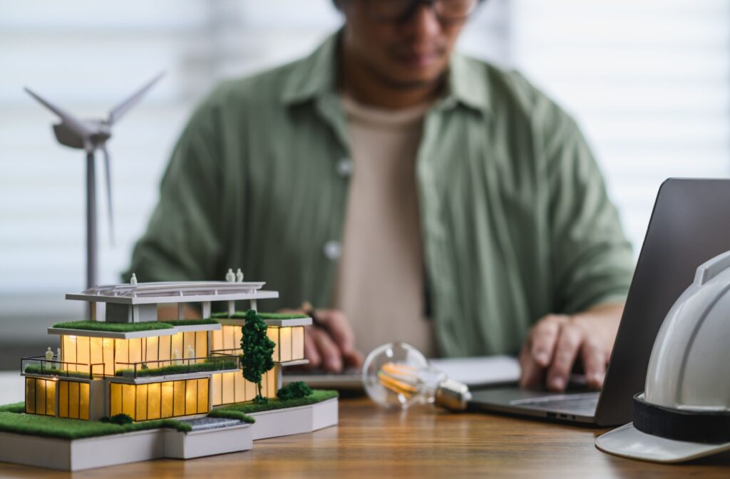 A person works with a laptop near a senior living community model, planning its development and interior design.