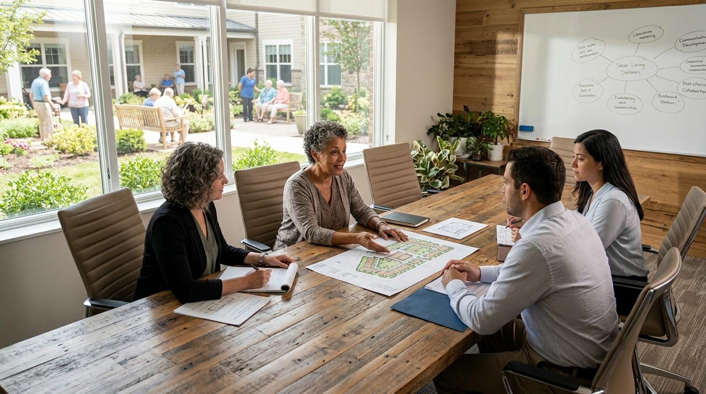 A group meets in a boardroom to discuss a future senior living development.