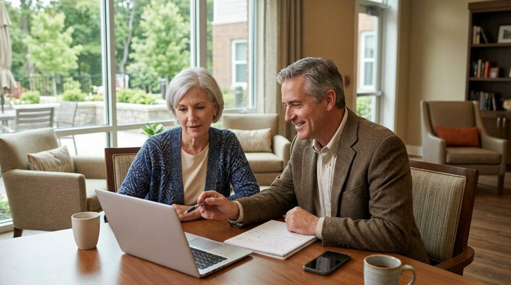 A senior meets with an advisor, looking at the computer and some information about senior living.