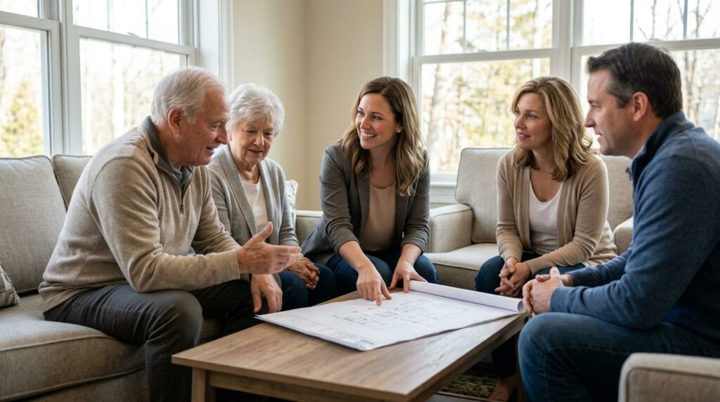 Caregiver assisting a smiling senior resident in a bright, welcoming assisted living home common area.