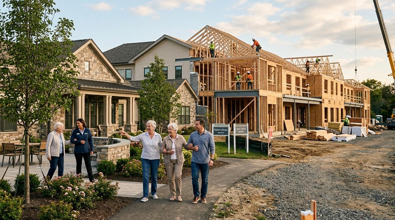4 older adults and an administrator walk together through a partially-built senior living neighborhood