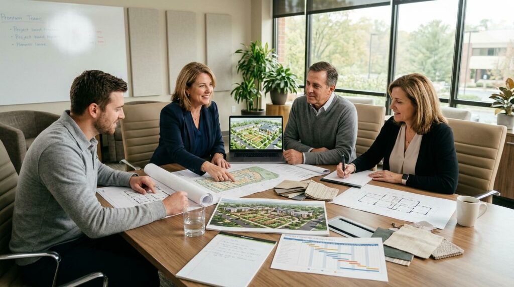4 professionals sit around a conference table with charts, maps, and a rendered image of a senior living community they're planning to build