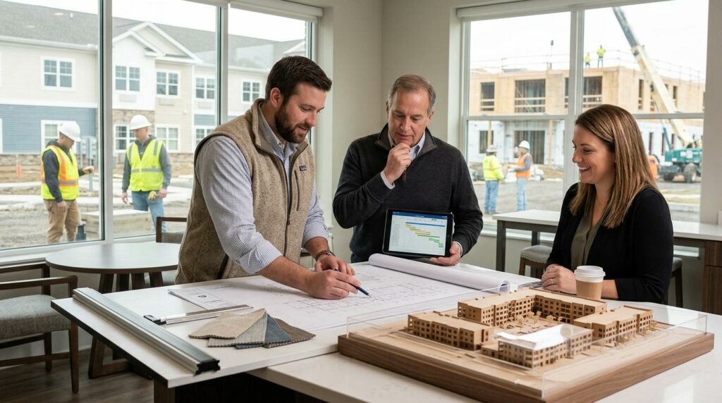 Senior living community development planning with blueprints and professionals collaborating on a modern residential project.