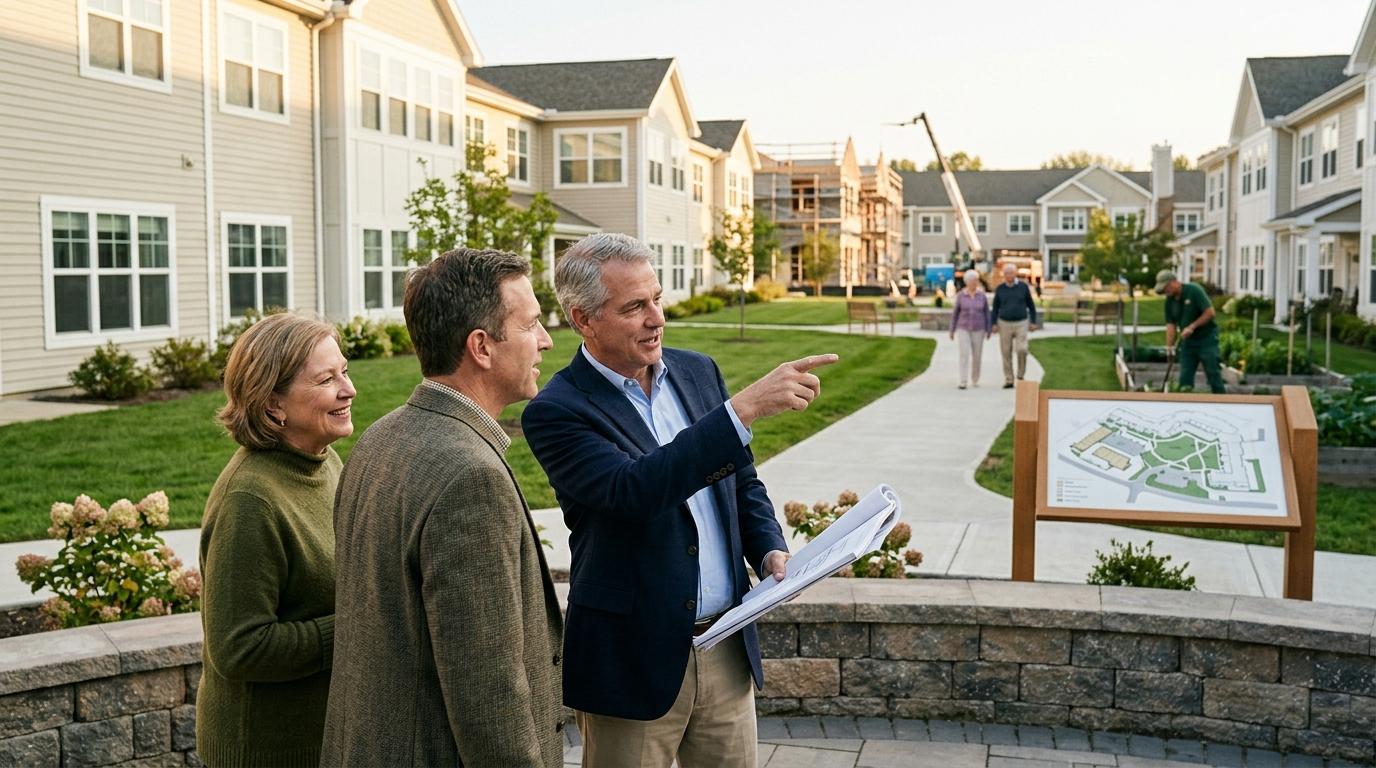 Senior living investment concept with financial planning elements and modern community development imagery.