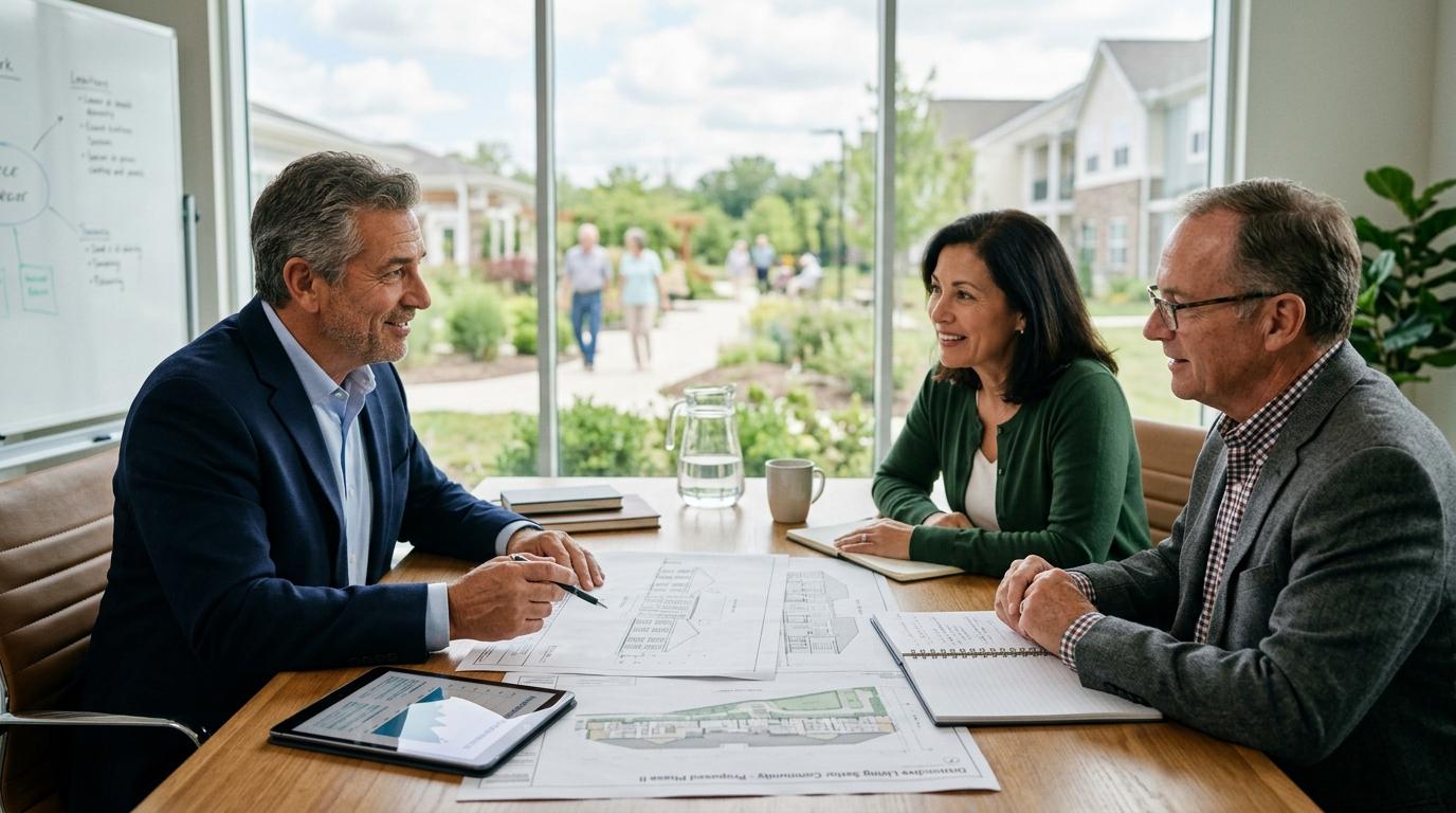 Senior living investment opportunities with modern community spaces highlighting development and growth potential.